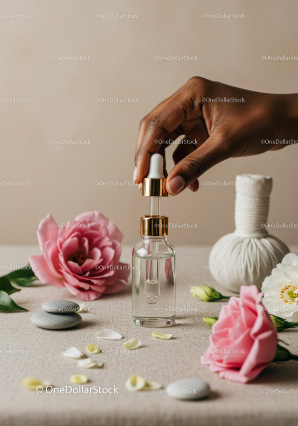 Wellness and Aromatherapy Scene with Flowers and Essential Oils JPG Mockup Image