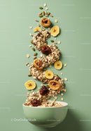 Healthy granola mix falling into green bowl on table
