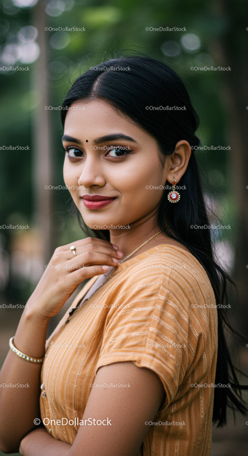 Beautiful Indian Woman in Traditional Sari with Jewelry Outdoor Portrait