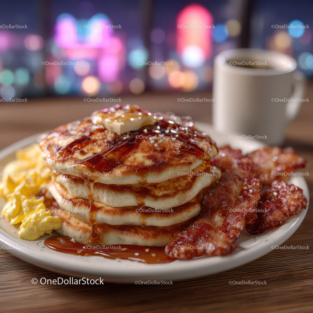 Stack of Fluffy Pancakes with Melted Butter and Syrup