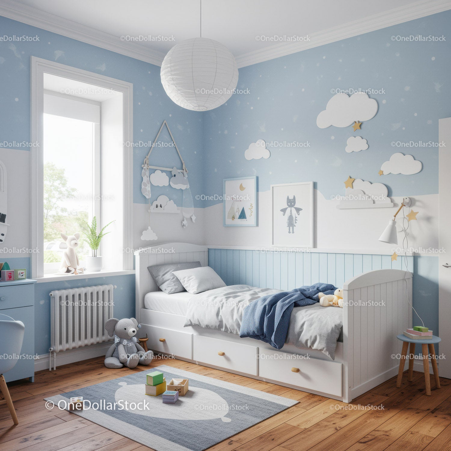 Cozy Child's Bedroom with Cloud Decor and Playful Wall Art