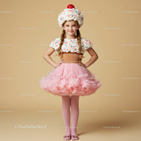 Little girl in cupcake costume with pink tutu skirt