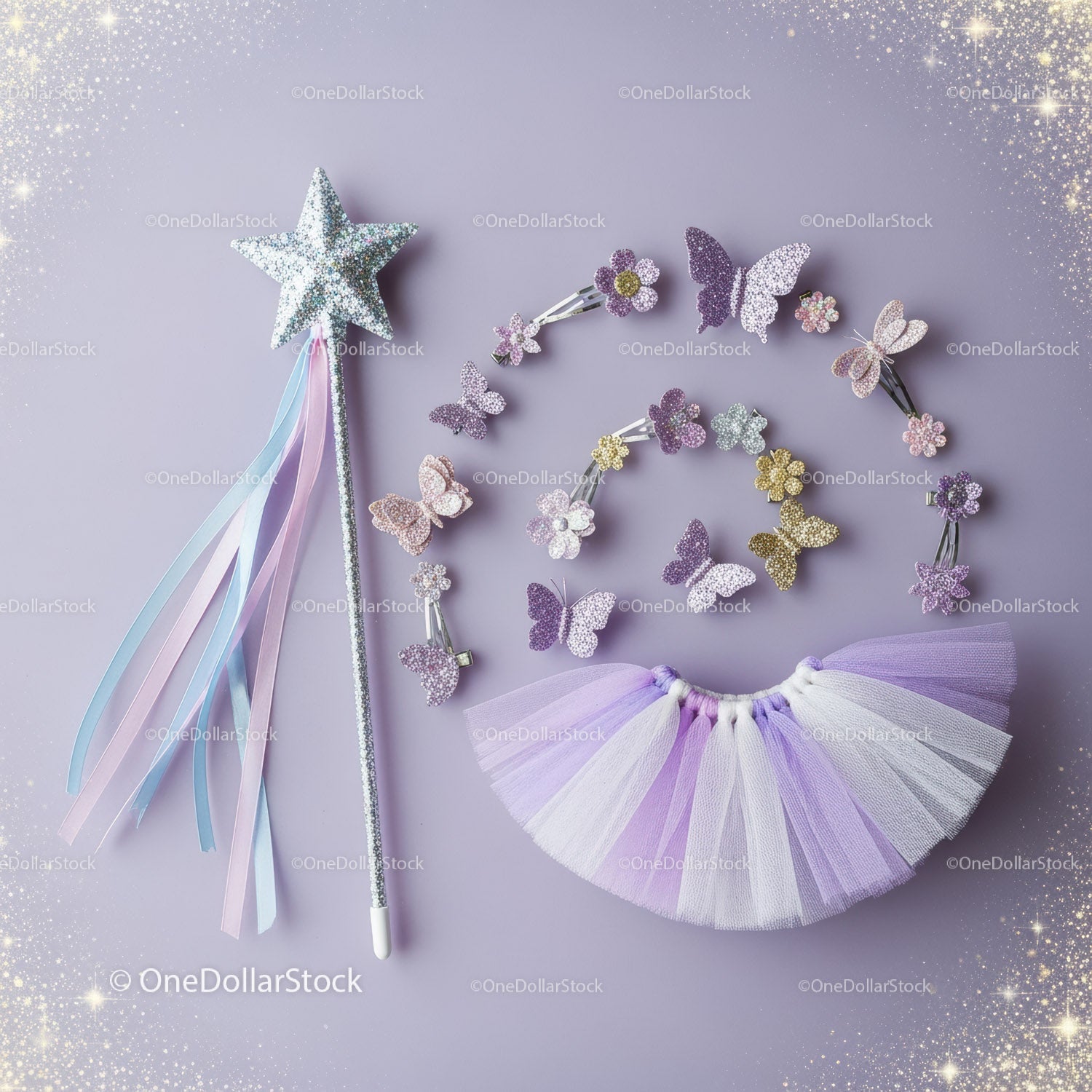 Glittering Fairy Costume Accessories on Lavender Background