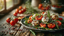 Cherry Tomato and Mozzarella Salad with Arugula on Rustic Wooden Table