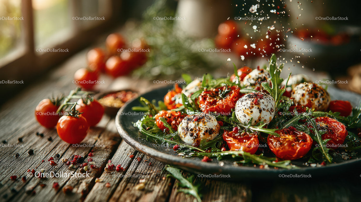 Cherry Tomato and Mozzarella Salad with Arugula on Rustic Wooden Table