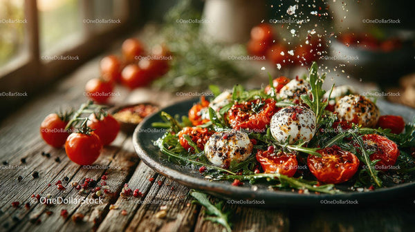 Cherry Tomato and Mozzarella Salad with Arugula on Rustic Wooden Table