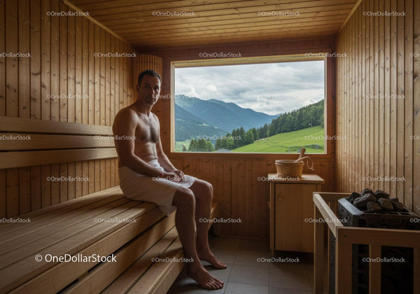 Relaxing Man Sitting in Wooden Sauna with Scenic Mountain View
