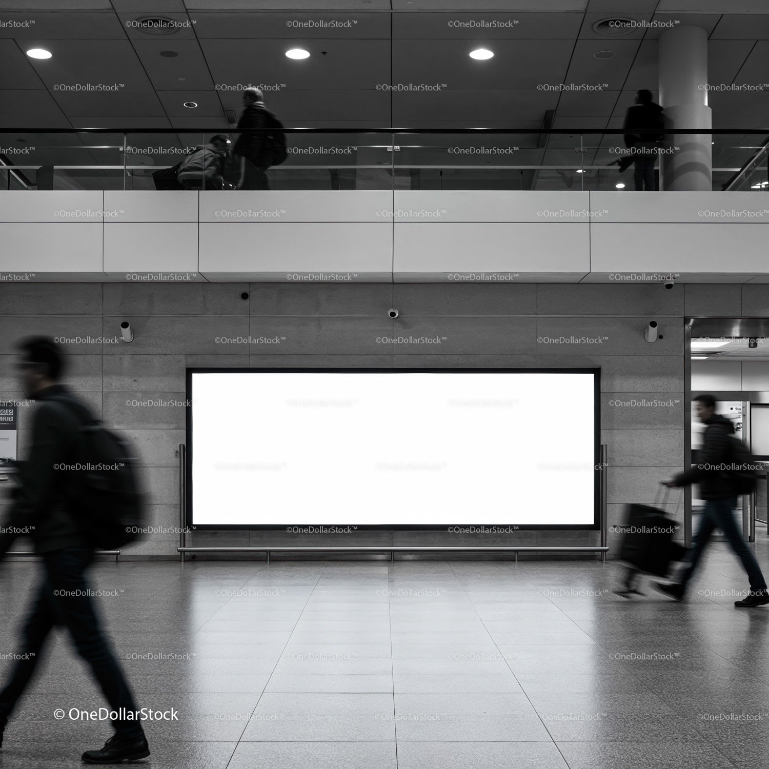 Modern transit station with blank illuminated billboard