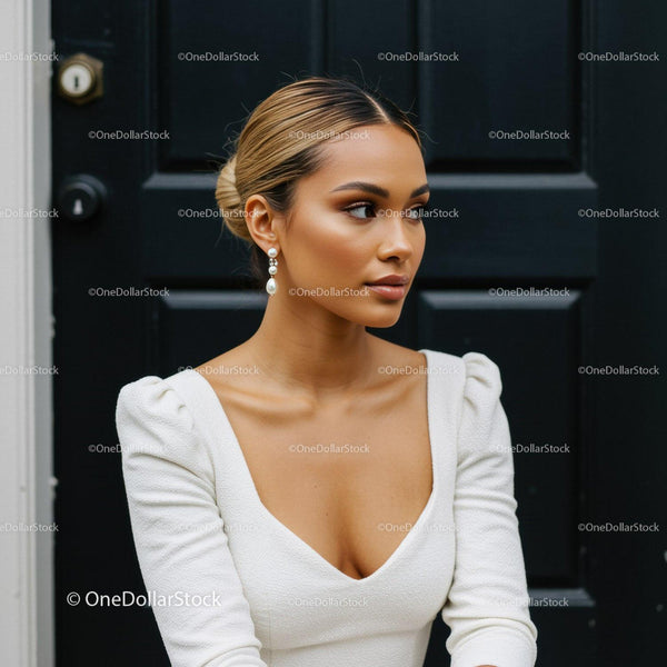 Elegant woman in white dress posing by black door