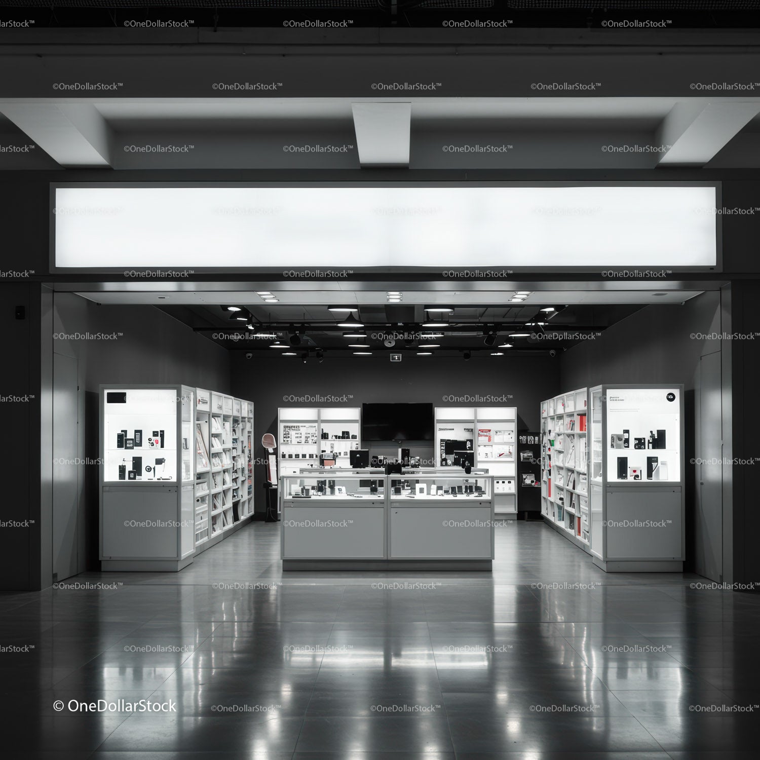 Minimalist electronics store interior with modern displays