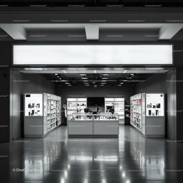 Minimalist electronics store interior with modern displays JPG Mockup Image