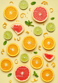 Assorted citrus slices with fresh mint on pale background