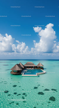 Overwater Bungalows in Exotic Tropical Paradise with Clear Turquoise Water