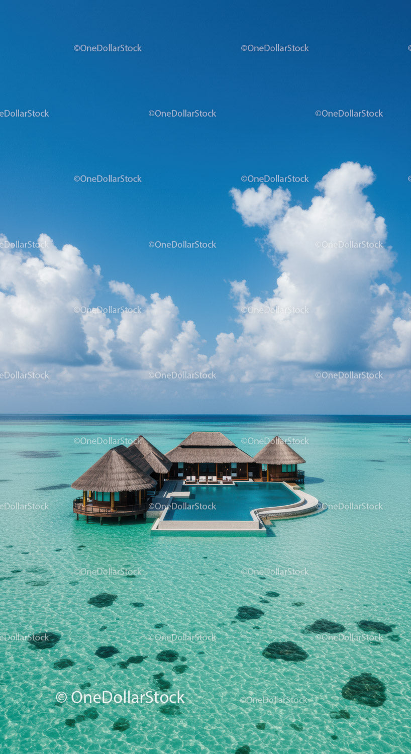 Overwater Bungalows in Exotic Tropical Paradise with Clear Turquoise Water