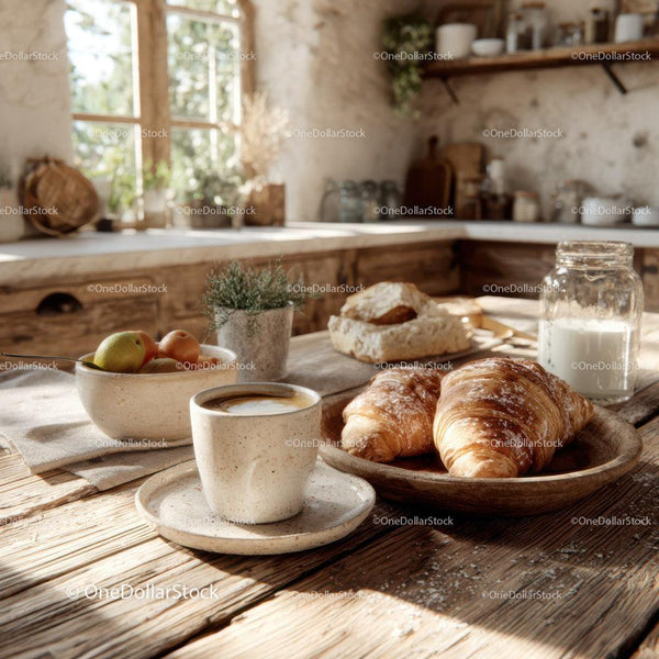 Cozy Rustic Kitchen Breakfast Scene with Croissants and Coffee
