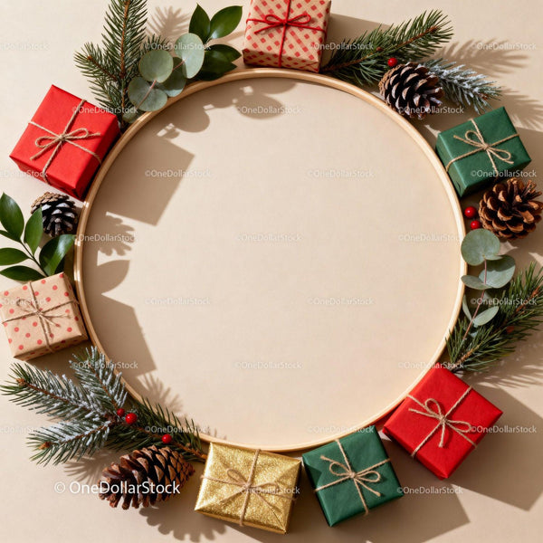 Festive Christmas gifts and natural decor on round frame