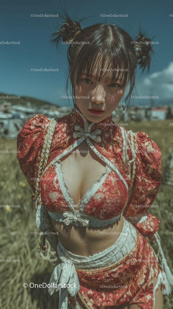 Vibrant Young Woman in Red Qipao Outdoor Summer Portrait