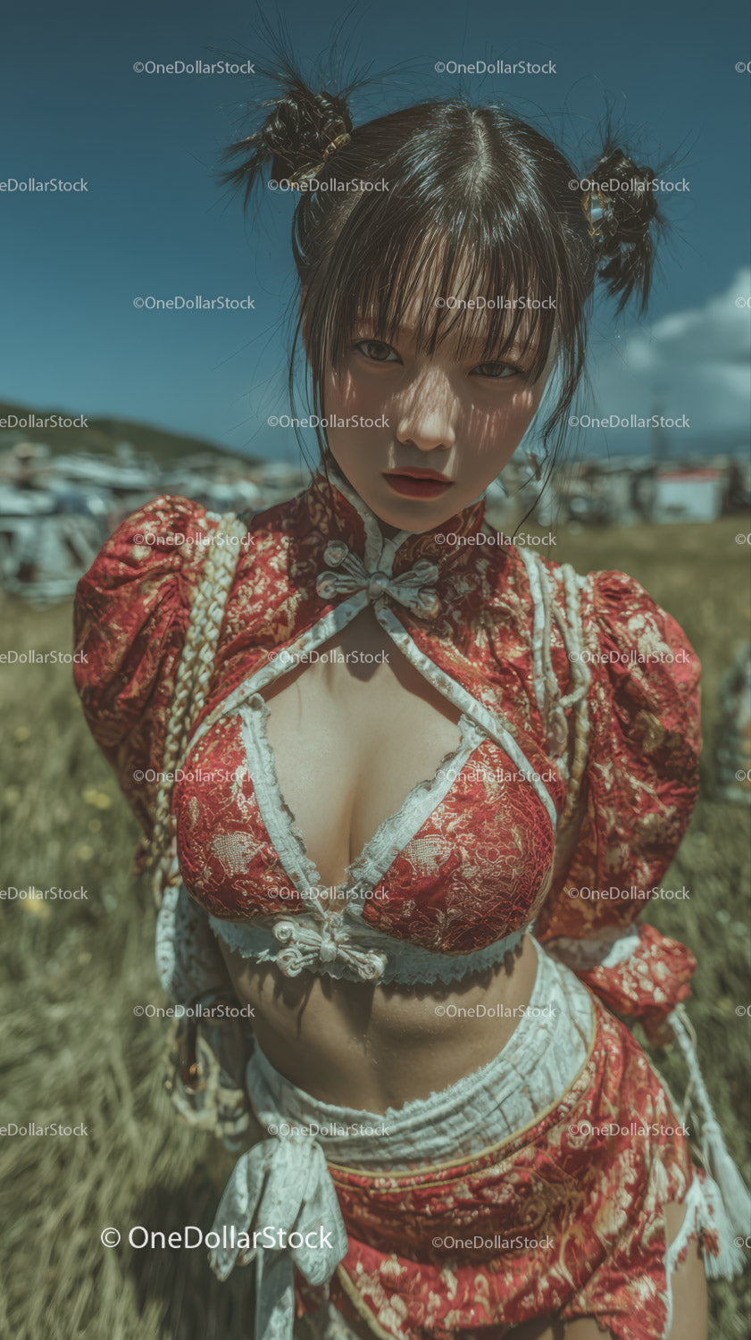 Żywa młoda kobieta w czerwonym Qipao, portret na świeżym powietrzu, lato