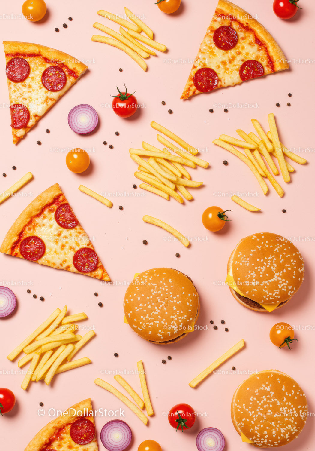 Fast food arrangement with burgers pizza fries and veggies