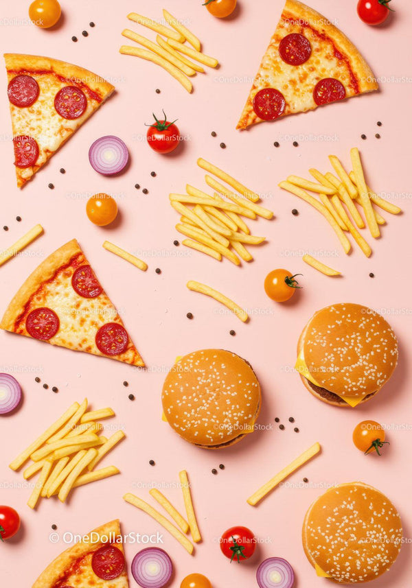 Fast food arrangement with burgers pizza fries and veggies