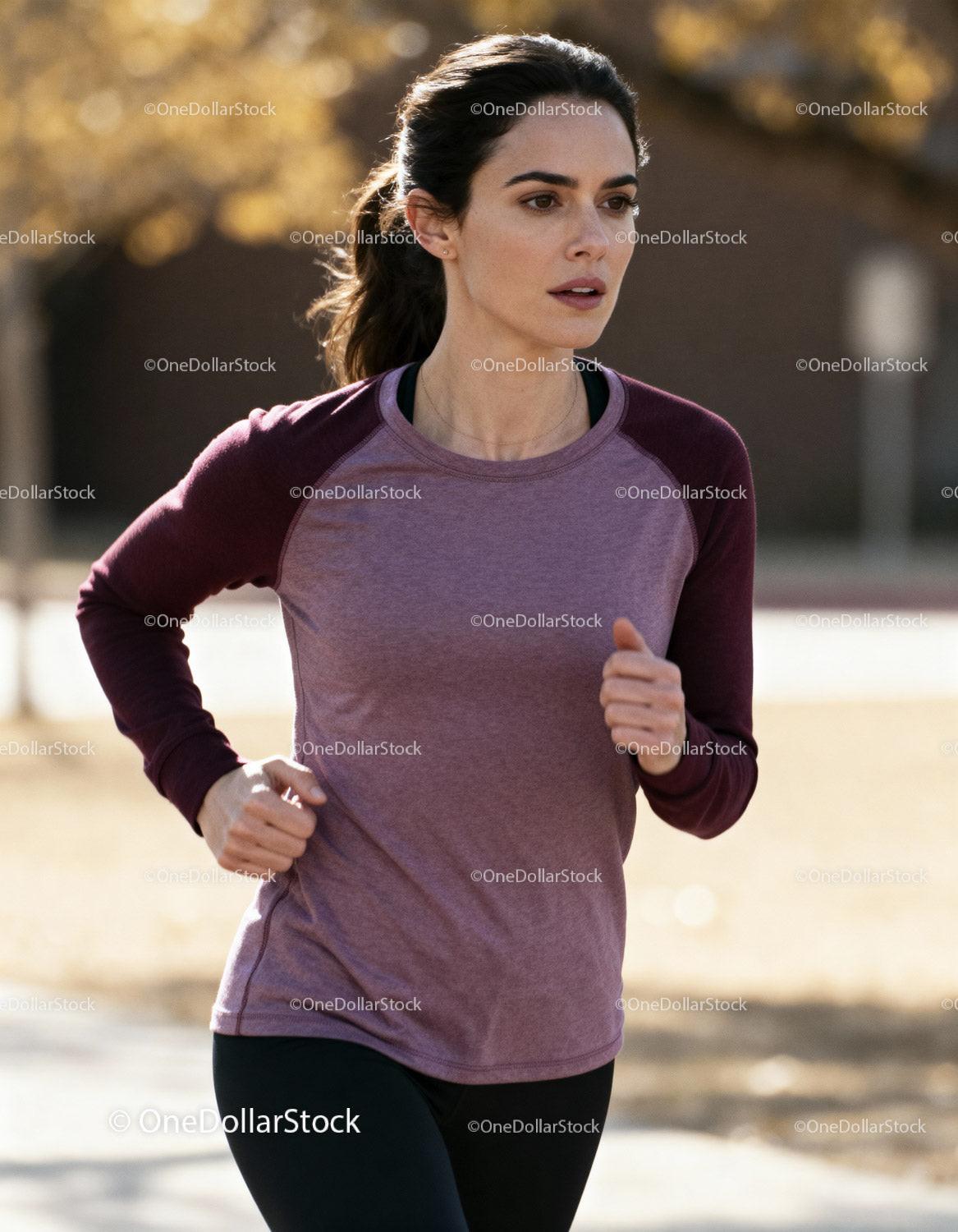 Focused young woman jogging outdoors in autumn light