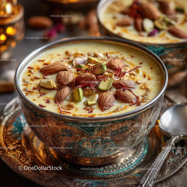 Traditional Indian Saffron and Nut Dessert in Ornate Silver Bowl
