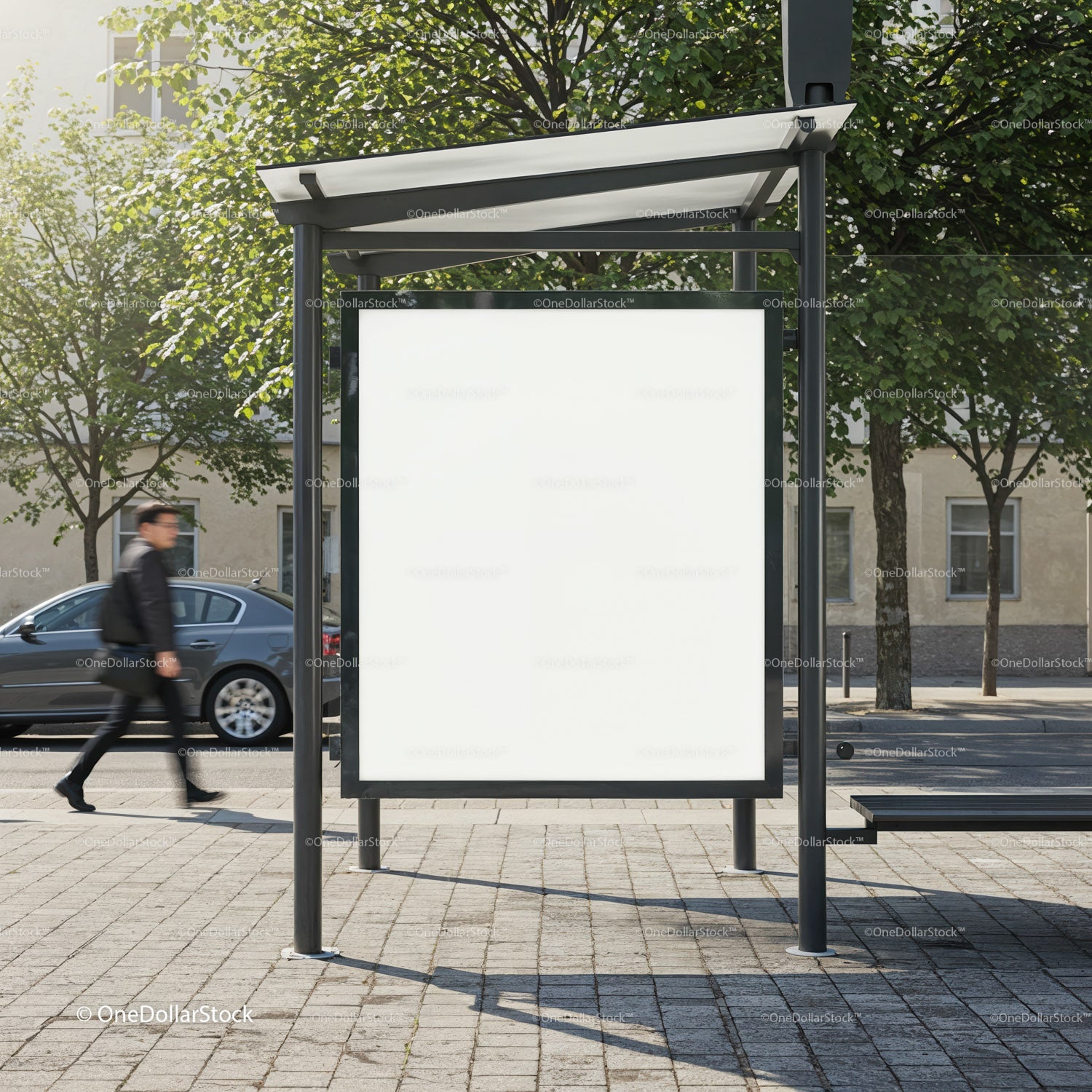 Blank Urban Bus Stop Advertising Board in Daylight