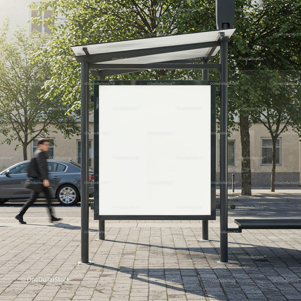 Blank Urban Bus Stop Advertising Board in Daylight JPG Mockup Image