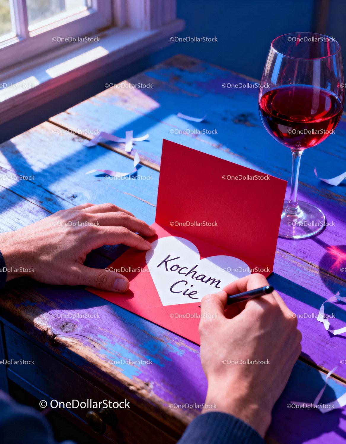 Man Writing Love Note on Valentine Card by Window