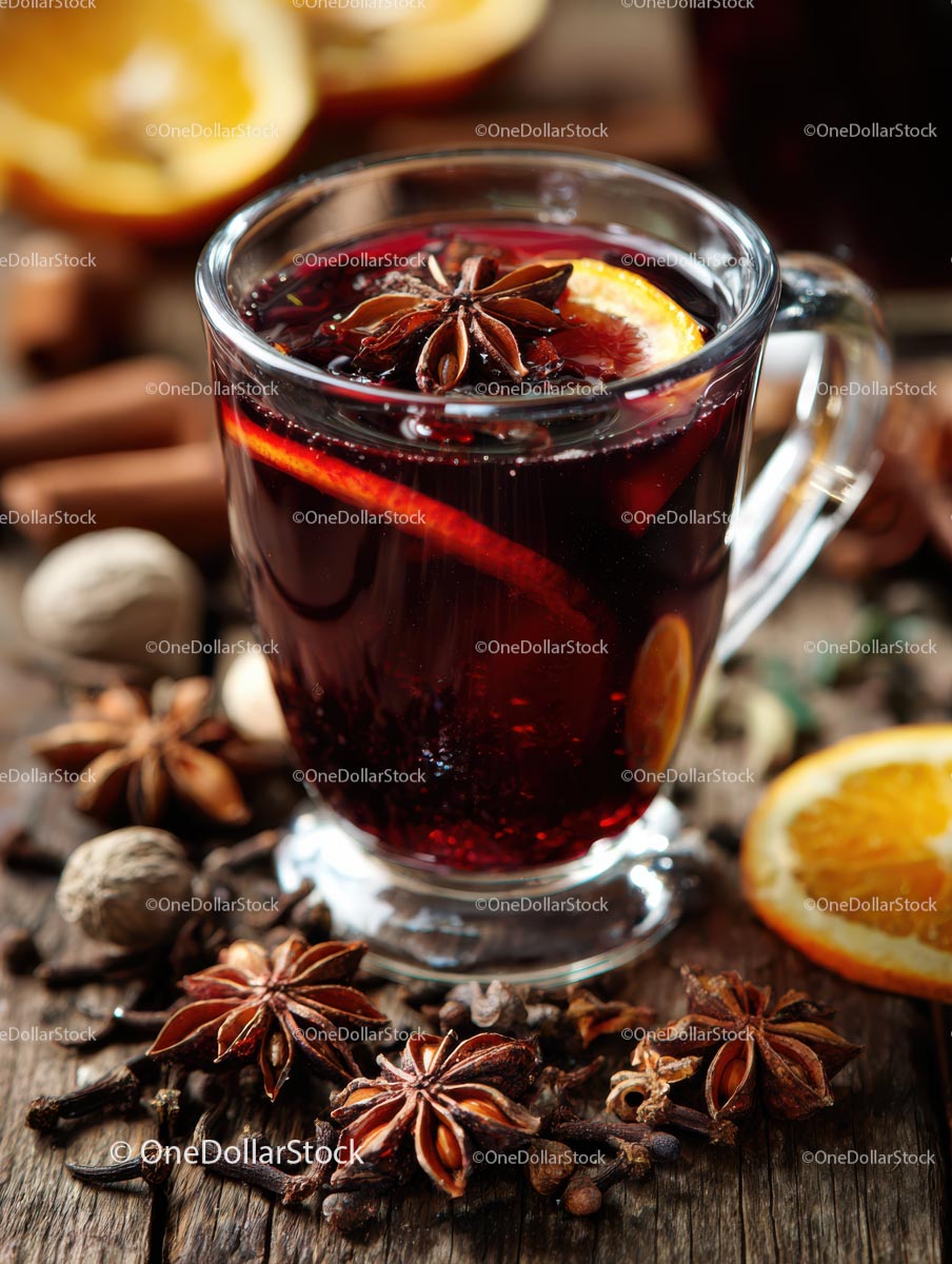 Delicious Mulled Wine with Citrus and Spices in a Glass Mug