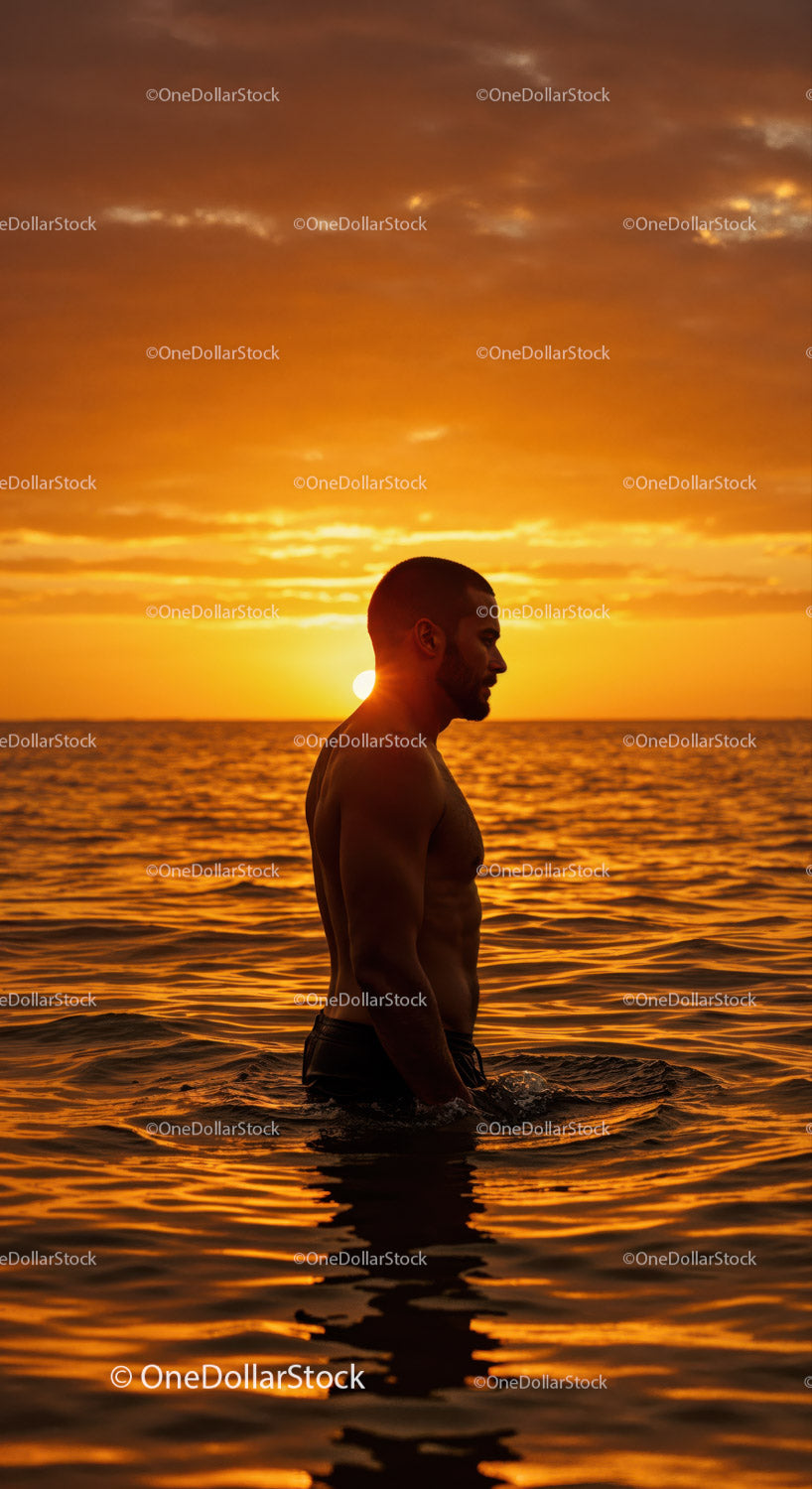 Serene Man Swimming in Ocean During Vibrant Sunset