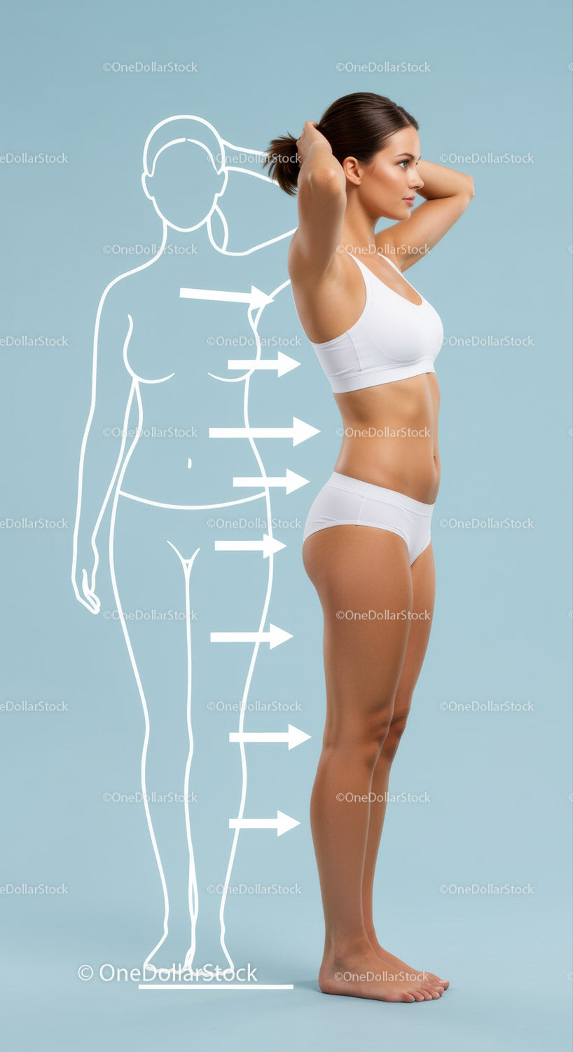 Fit Woman Standing Profile with White Sportswear and Blue Background