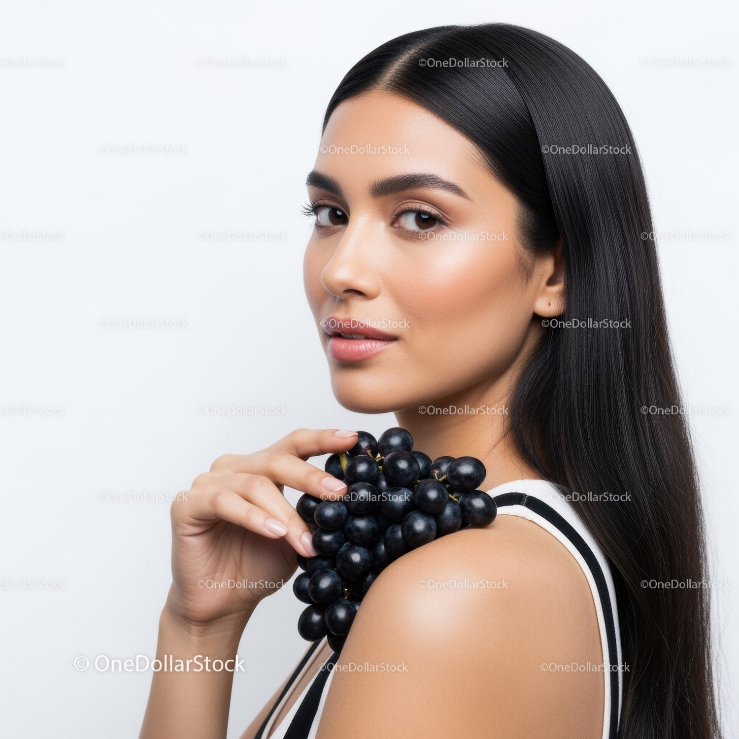Elegant Young Woman Holding Black Grapes Beauty Portrait