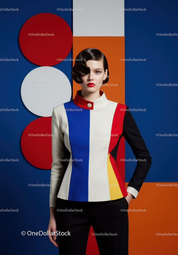 Kobieta w Geometric Colorblock Kurtce z Retrową Fryzurą