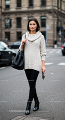Elegant Young Woman in Cozy Sweater Wearing Black Boots in City Street