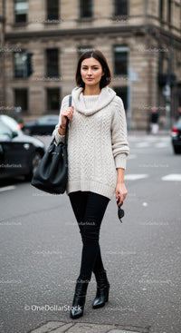 Elegant Young Woman in Cozy Sweater Wearing Black Boots in City Street