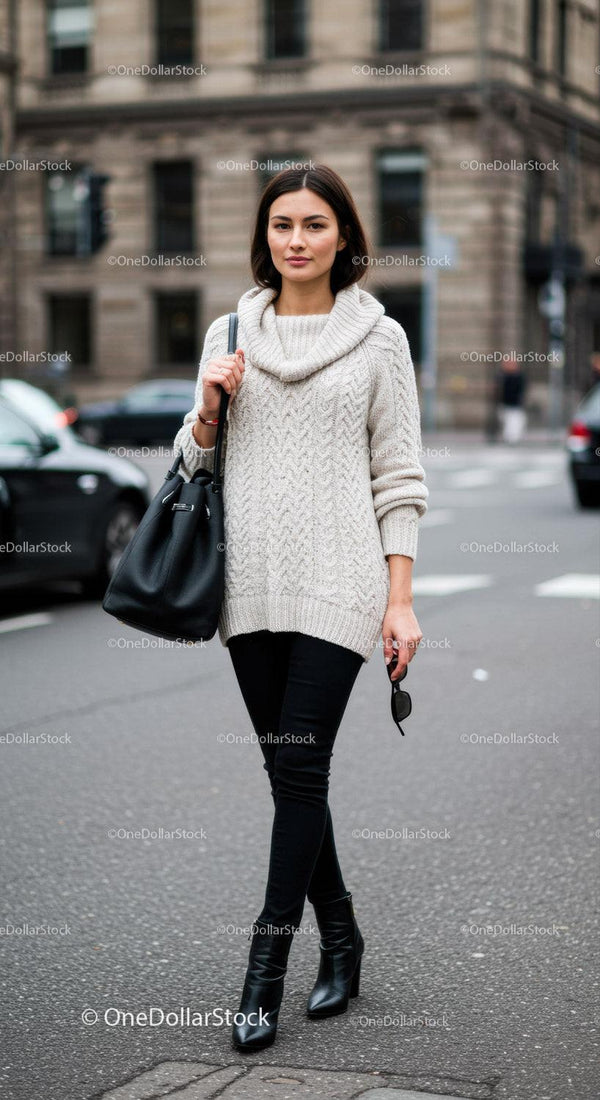 Elegant Young Woman in Cozy Sweater Wearing Black Boots in City Street