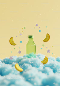 Green Glass Bottle Surrounded by Blue Clouds and Stars