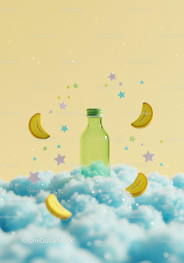 Green Glass Bottle Surrounded by Blue Clouds and Stars JPG Mockup Image