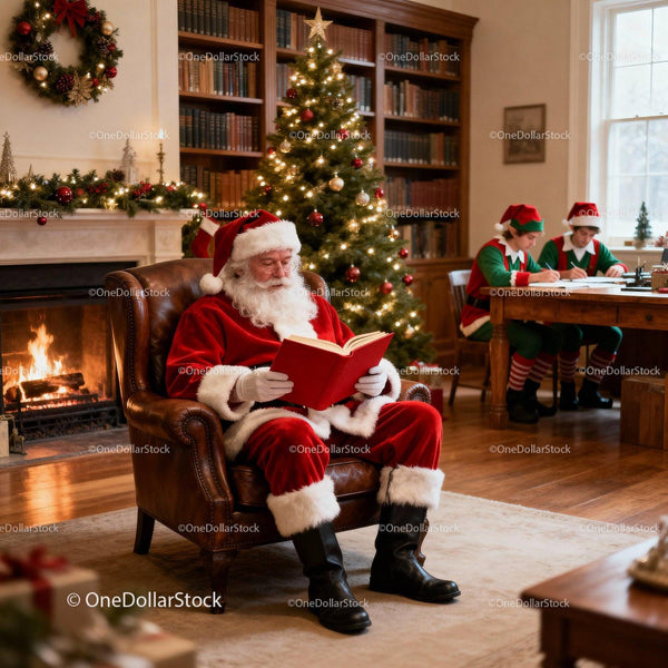 Santa Claus reading by fireplace with elves working