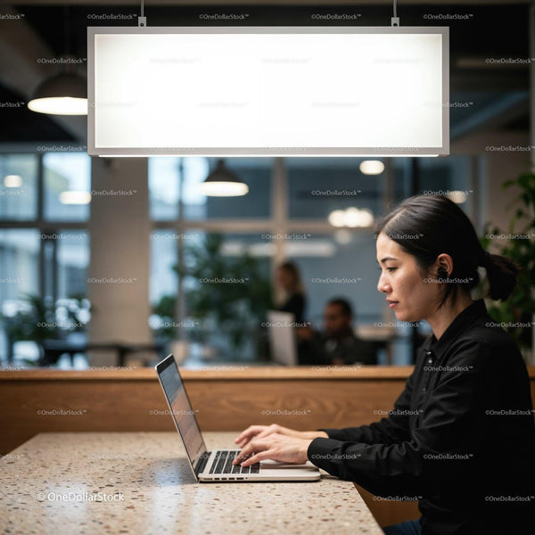 Focused woman working on laptop in modern co working space JPG Mockup Image