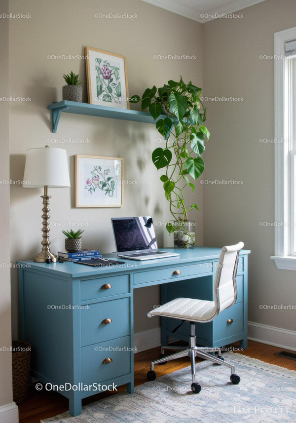 Stylish Modern Home Office with Blue Desk and Indoor Plants