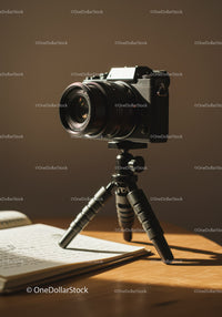 Professional DSLR Camera on Tripod with Notebook in Studio Setting