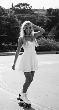 Smiling woman roller skating outdoors in summer dress