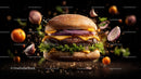 Juicy Gourmet Burger with Fresh Vegetables on Dark Background