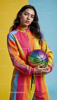 Colorful Woman in Sportswear Holding Basketball in Bright Studio