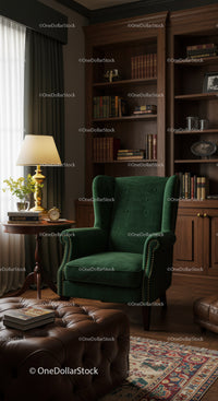 Cozy reading nook with green armchair and wooden bookshelf