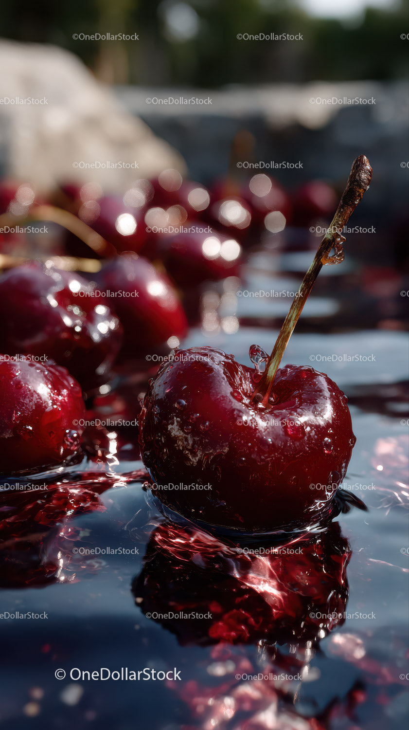 Close-up of Ripe Red Cherries Water Reflection Nature Scene