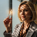 Confident Businesswoman Holding a Skincare Vial in Modern Office