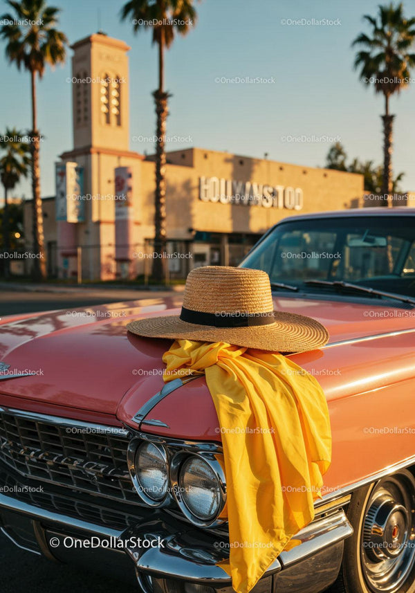 Vintage Classic Car with Straw Hat and Yellow Scarf in Sunset Scene